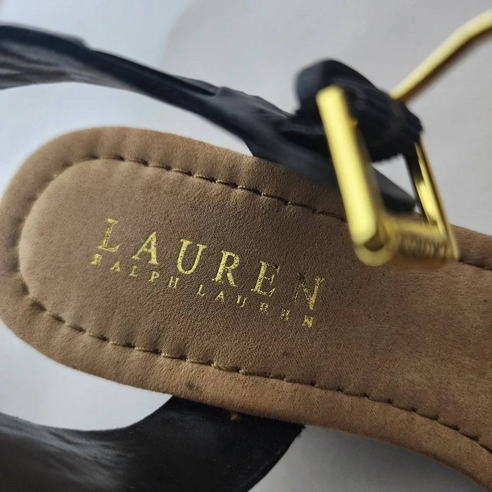 Lauren Ralph Lauren Black Leather Woven Wedge Sandals Womens 7.5B Low Heel